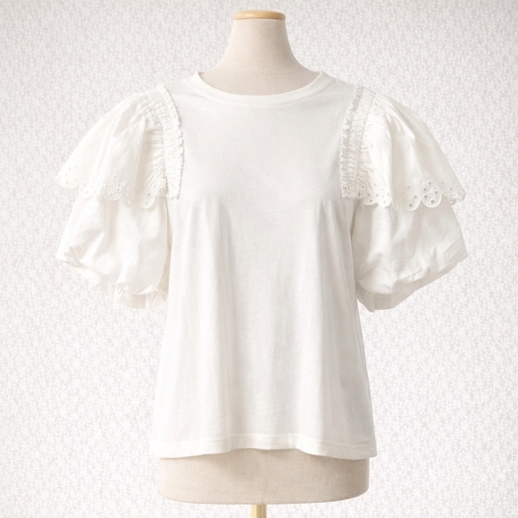 Oddi Tops - Oddi Sophia White Eyelet Puff Short Sleeve New Preppy Feminine Cotton Blouse